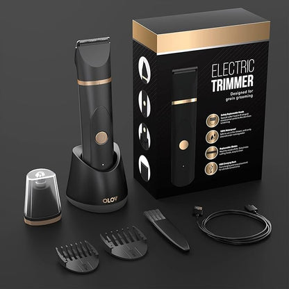 OLOV Electric Body Hair Trimmer - Groin Trimmer for Men - Bikini Trimmer Women - Wet/Dry Shaver Groomer, Replaceable Ceramic Blade Heads, USB Recharge Dock, Waterproof Hygiene Razor,Black