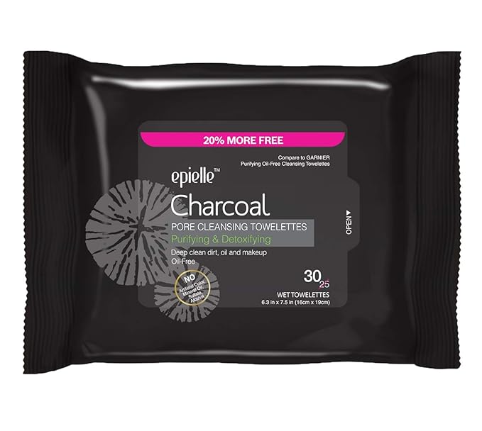 Epielle Charcoal Makeup Remover Wipes | Soft & Gentle for All Skin Types | Removes Dirt, Oil, Waterproof Makeup | 6 Pack | Korean Skincare