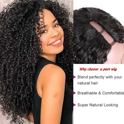 Beauty Forever U Part Human Hair Wig, Curly Upgrade U Part Wig Human Hair Wigs for Black Women 10A Grade Brazilian Virgin Hair Glueless No Leave Out Clip In Wig 150% Density Natural Color 24 Inch