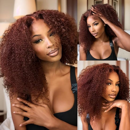 Beauty Forever Bye Bye Knots 7x5 Lace Front Wig Put on and Go Glueless Kinky Curly Human Hair Wigs,Reddish Brown Pre Cut Lace Closure Wigs Pre Plucked Hairline Pre Bleached Knots 150% Density 20inch
