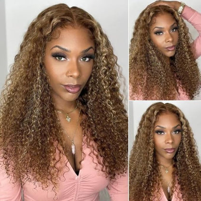 Beauty Forever Bye Bye Knots 7X5 Pre Cut Lace Honey Blonde Highlight Jerry Curly Put on Go Glueless Lace Front Wig,Mixed Color Invisible Knots Human Hair Wigs Pre Plucked Hairline 150% Density 20 Inch