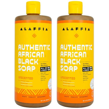 Alaffia Authentic African Black Soap, Unscented, 2-Pack – All-in-One Moisturizing Cleanser for Face, Hands, Body & Hair, 32 Oz Ea