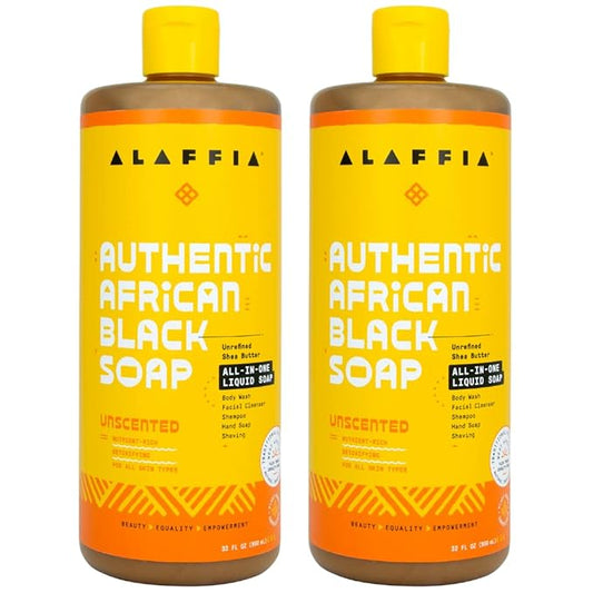 Alaffia Authentic African Black Soap, Unscented, 2-Pack – All-in-One Moisturizing Cleanser for Face, Hands, Body & Hair, 32 Oz Ea