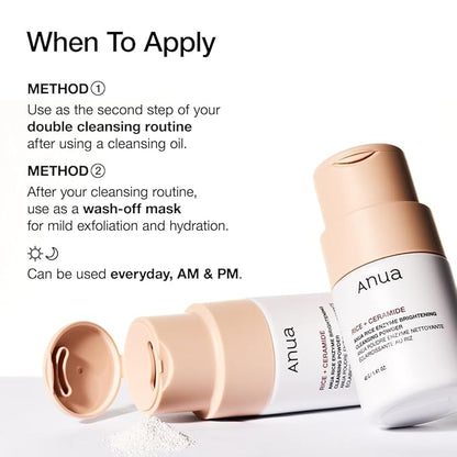 ANUA RICE ENZYME BRIGHTENING CLEANSING POWDER, Rice Mask, Ceramide, Gentle Face Wash for Brightening, Radiant Skin, Facial Cleanser for Dry Skin, Korean Skincare, Fragrance Free, 40g/1.41fl.oz.