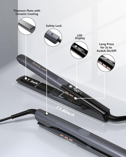 Hair Straightener, 1 Inch Flat Iron Straightener and Curler 2 in 1, Titanium Ceramic Ionic Dual Voltage Straightener with Anti-Iron Silicone for Less Frizz, Shinier & Smoother Hair