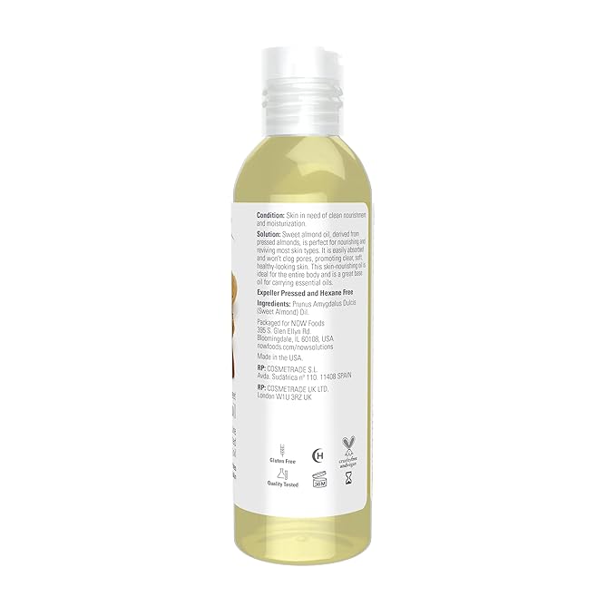 NOW Foods Solutions, Sweet Almond Oil, 100% Pure Moisturizing Oil, Promotes Healthy-Looking Skin, Unscented , 4-Ounce