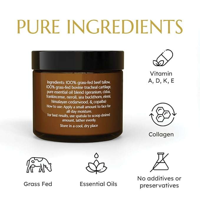 Morning Face Balm - Clean Grass Fed Tallow Balm w/Essential Oils + Collagen Peptides - Nourishing, Soothing, Hydrating and Adds Vitality to Skin. Deeply Renews. No Phthalates or Preservatives.