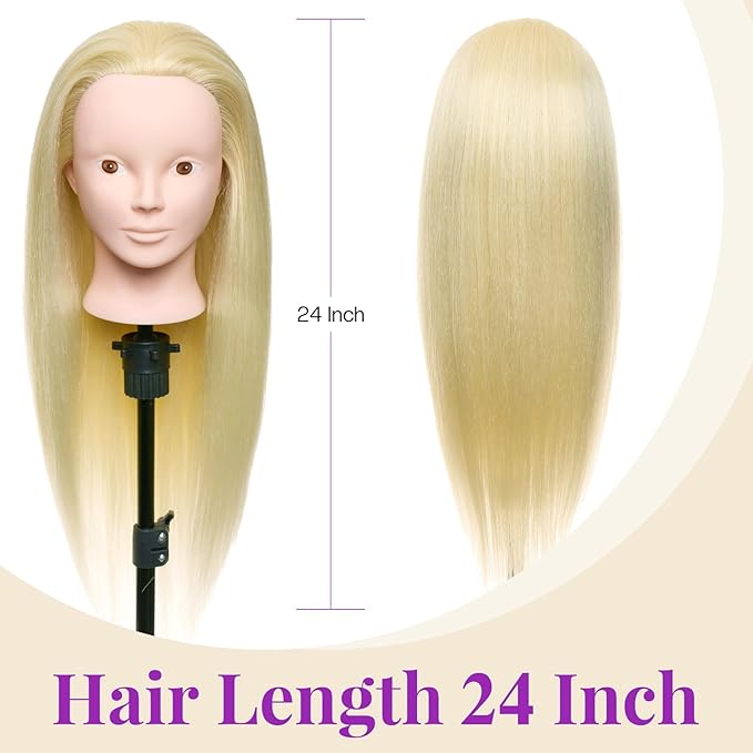 Neverland Beauty Mannequin Head with 50% Real Human Hair, 24 Inch Makeup Cosmetology Manikin Practice Head with Hair, Braiding Hairdressing Doll Head for Hair Styling with False Eyelashes