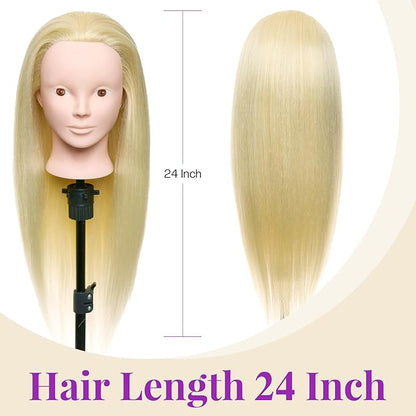 Neverland Beauty Mannequin Head with 50% Real Human Hair, 24 Inch Makeup Cosmetology Manikin Practice Head with Hair, Braiding Hairdressing Doll Head for Hair Styling with False Eyelashes
