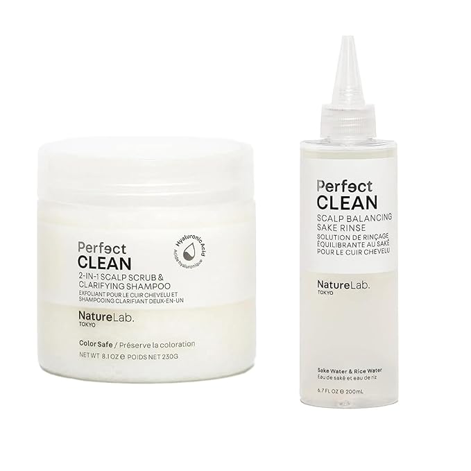 NATURELAB. TOKYO Perfect Clean Clarifying Scalp Scrub 2-in-1 Shampoo and Scalp Scrub Hair Treatment (8.1 oz) & Perfect Clean Scalp Balancing Sake Rinse (7 oz)