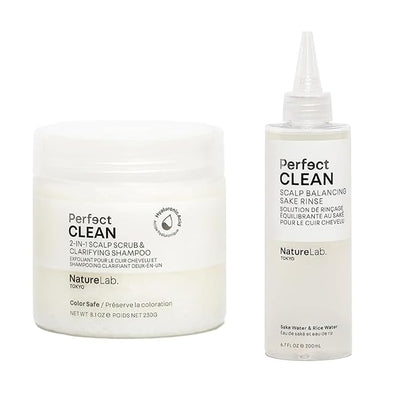 NATURELAB. TOKYO Perfect Clean Clarifying Scalp Scrub 2-in-1 Shampoo and Scalp Scrub Hair Treatment (8.1 oz) & Perfect Clean Scalp Balancing Sake Rinse (7 oz)