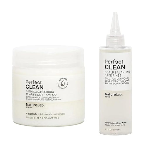 NATURELAB. TOKYO Perfect Clean Clarifying Scalp Scrub 2-in-1 Shampoo and Scalp Scrub Hair Treatment (8.1 oz) & Perfect Clean Scalp Balancing Sake Rinse (7 oz)
