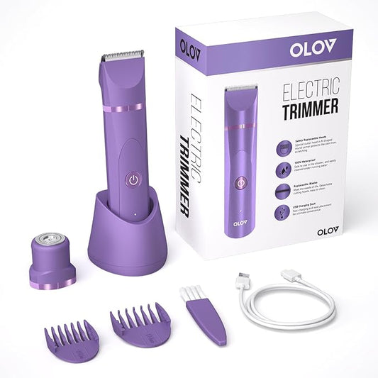 OLOV Electric Body Hair Trimmer - Groin Trimmer for Men - Bikini Trimmer Women - Wet/Dry Shaver Groomer, Replaceable Ceramic Blade Heads, USB Recharge Dock, Waterproof Hygiene Razor, Bright Purple