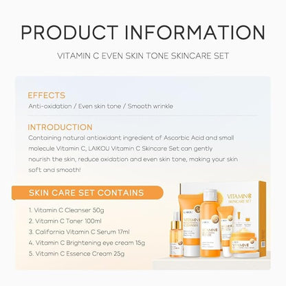 Vitamin C Skincare Set, Moisturizing Face Skin Care Kit with Facial Cleanser, Face Serum, Face Cream, Eye Cream, Toner For Hydrating Skin, Anti-Aging Skin