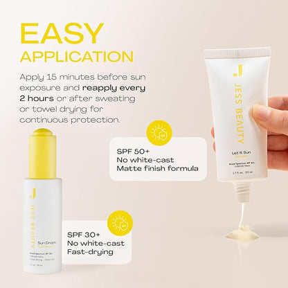 JESS BEAUTY | Sun Safe Face Sunscreen Skin Care Set SPF 50+ 1.7 fl. oz Sun Drops SPF 30+ 1 fl. oz Skincare Sunscreen for Face