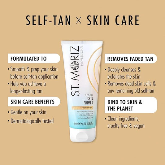 St Moriz Pre-Tan Skin Primer for Self Tanner- Exfoliating Fake Tan Primer - Preps & Primes Skin for Long-Lasting Tan - Deep Cleansing Foaming Exfoliator for Self Tan (6.76 fl oz)