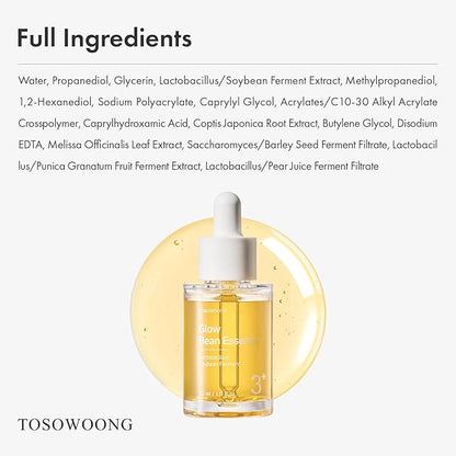 Glow Bean Essence, 31,025ppm Soybean Ferment Extract, Glass Skin, Exfoliating, Hydrating, Radiant, Moisturizer, Barrier, Face Serum, Korean Skin Care, 33ml / 1.11 fl. oz.