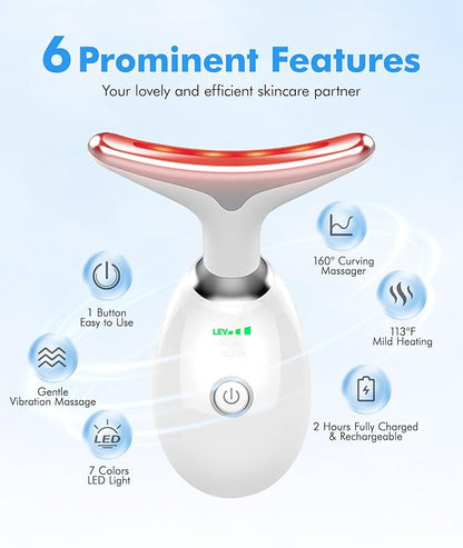Red-Light-Therapy-for-Face-and-Neck, 7 Color Face Massager Tool for Wrinkles, Double Chin, Vibrating Facial Massager with Thermals for Skin Care, Glossy White