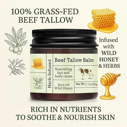URQT Beef Tallow for Skin - Organic Grass-Fed Whipped Beef Tallow and Honey Balm - Deeply Moisturizing for Face & Body - Natural Skin Care for Soft, Supple Skin