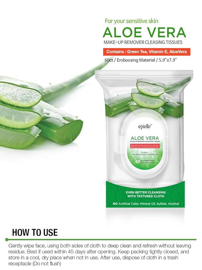 Epielle Aloe Vera Makeup Remover Cleansing Wipes | 60 Count, 2-Pack | Gentle Towelettes for All Skin Types | Ideal for Beauty Gifts, Spa Days & Gift Sets | Korean Skincare
