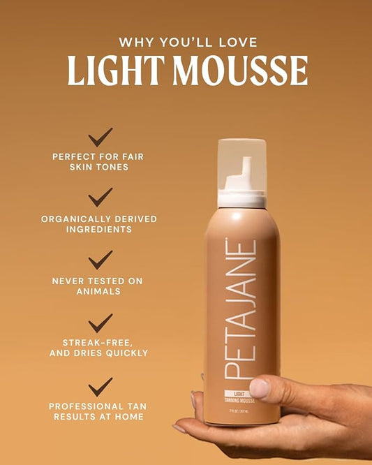 Light Tanning Mousse 7oz - Sunless Self-Tanner for a Natural, Streak-Free, Organically Derived, Lightweight & Fast Absorbing, Non-Sticky, For All Skin Types, Vegan & Cruelty-Free