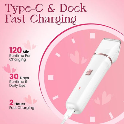 Pubic Hair Trimmer for Women - Electric Razors for Women's Body Groomer, Replaceable Ceramic Blade Heads, Face Hair Remover Head, USB-C&Dock Charging, Waterproof&Easy Cleaning White