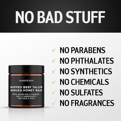Whipped Beef Tallow and Honey Balm, 100% Grass Fed Beef Tallow Balm, Grass Finished Organic Beef Tallow for Skin, Face Wrinkles, Acne, No Fragrances, Made In USA Products Only, TikTok Trend Items