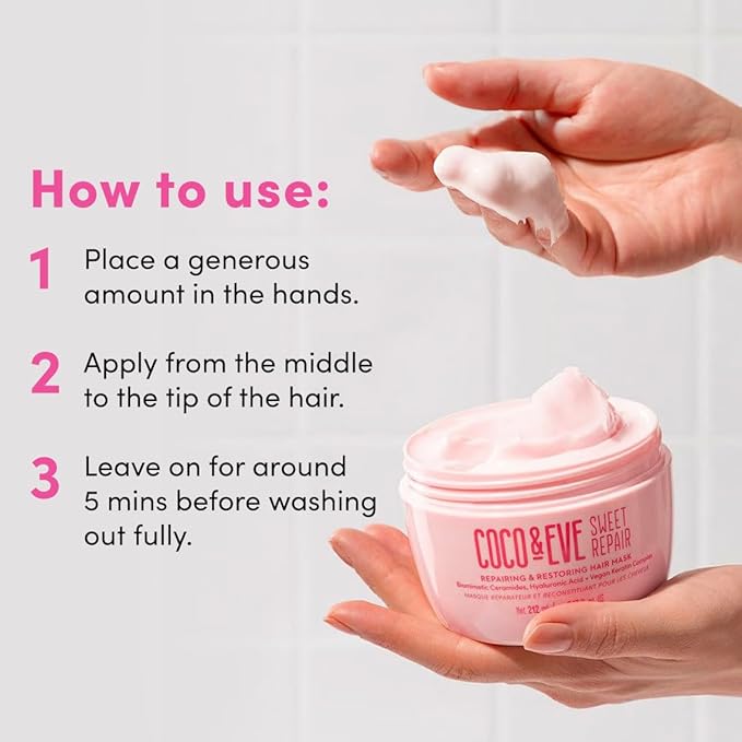 Coco & Eve Sweet Repair Repairing and Restoring Hair Mask. 85% stronger hair, reduce hair damage by 65%. Biomimetic Ceramides, Hyaluronic Acid, Vegan Keratin. Increase Hydration & Shine.