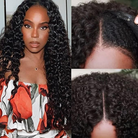 Beauty Forever Small Cap Curly V Part Wig Human Hair No Leave Out Lace Front Wigs No Glue No Gel Upgraded U Part Wigs For Women, 10A Grade Glueless Wig Wear And Go Beginner Friendly 5X2.5 Inch Lace Wig 150% Density Natural Color 24 Inch