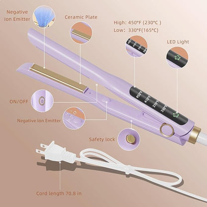 Small Flat Iron, 1/2 Inch Flat Iron for Short Hair Straightener and Curler 2 in 1, Ceramic Ionic Floating Plates for Less Frizz, 10s Quick Heat Up, Straightener for All Hair Types(Purple)