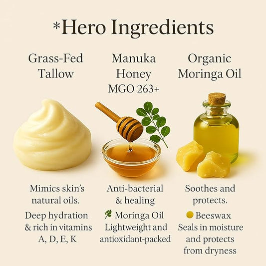 100% Grass-Fed Beef Tallow Balm, Manuka Honey MGO263+, Organic Beeswax & Olive Oil, Beef Tallow for skin,Handmade Moisturizer for Dry Skin, Eczema Relief, & Healing Skin2oz, Orange
