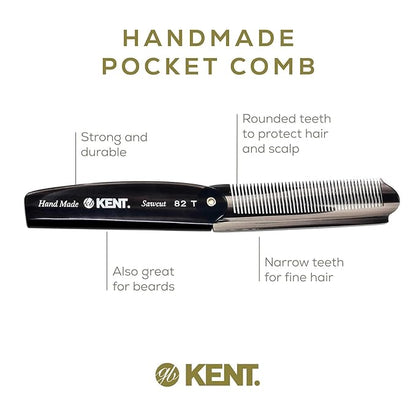 Kent 82T Handmade Folding Pocket Comb for Men, Fine Tooth Hair Comb Straightener for Everyday Grooming Styling Hair, Beard or Mustache, Use Dry or with Balms, Saw Cut Hand Polished, Made in England