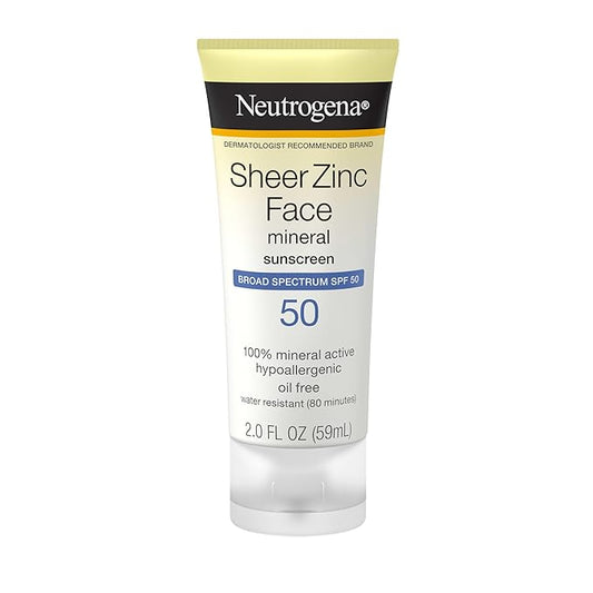 Neutrogena Sheer Zinc Oxide Dry-Touch Mineral Face Sunscreen Lotion with Broad Spectrum SPF 50, Oil-Free, Non-Comedogenic & Non-Greasy, Hypoallergenic, 2 fl. oz