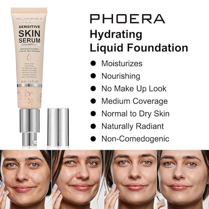 PHOERA Hydrating Essence Foundation,Waterproof and Light Long Lasting Buff Beige)
