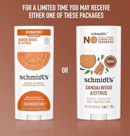 Schmidt's Aluminum-Free Vegan Deodorant Sandalwood & Citrus 4 Count for Women and Men, with 24 Hour Odor Protection, Natural Ingredients, Cruelty-Free, 2.65 oz