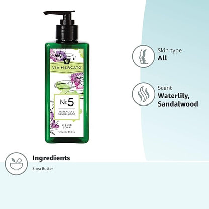 Liquid Soap, Shea Butter Enriched (12 oz), No. 5 - Waterlily & Sandalwood