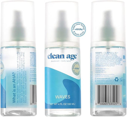 Aluminum Free Deodorant & Body Spray for Whole Body - Waves 4oz (2 Pack) Clean Deodorant and Body Spray for Teen Boys and Girls - With AHA For Body Acne - Body Spray for Teens Formula