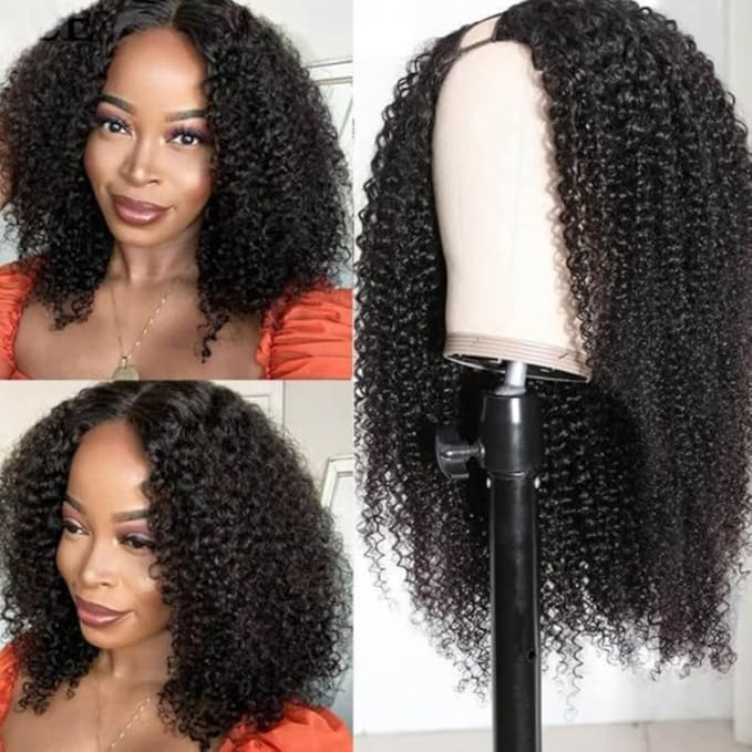 Beauty Forever U Part Human Hair Wig, Curly Upgrade U Part Wig Human Hair Wigs for Black Women 10A Grade Brazilian Virgin Hair Glueless No Leave Out Clip In Wig 150% Density Natural Color 24 Inch