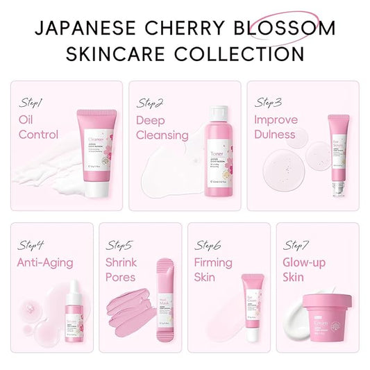 Sakura Skin Care Sets, Skin Care for Teens 10-12, Beauty Skincare Gifts Sets, Skin Care Routine Kit for Women, Hydrate, Oil Control, Glow Up, Travel Size -7 PCS