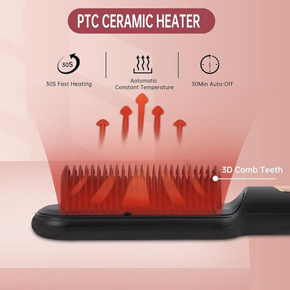 Negative Ionic Hair Straightener Brush with 9 Temp Settings, 30s Fast Heating Hair Straightening Comb with LED Display, Anti-Scald & Auto-Shut Off Hair Brush Straightener for Women (Black)