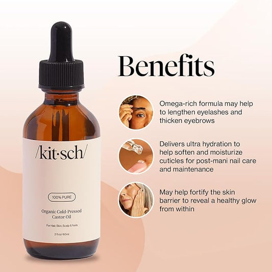 Kitsch Organic Castor Oil For Hair Growth, Castor Oil Organic Cold Pressed Unrefined Glass Bottle, 100% Pure, For Face, Skin, Lashes, Brows, Scalp, Nails & Belly Button, Hexane Free, USDA - 2oz