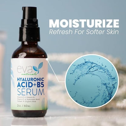 Eva Naturals Hyaluronic Acid + B5 Serum - Deeply Hydrating and Moisturizing for All Skin Types, Unisex