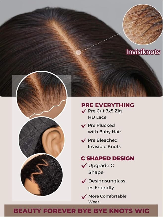 Beauty Forever 7X5 Bye Bye Knots Wear and Go Kinky Curly Wigs Precut Lace Front Wig Human Hair Glueless Wig,Put on and Go Beginner Wigs 150% Density Natural Color 18 Inch