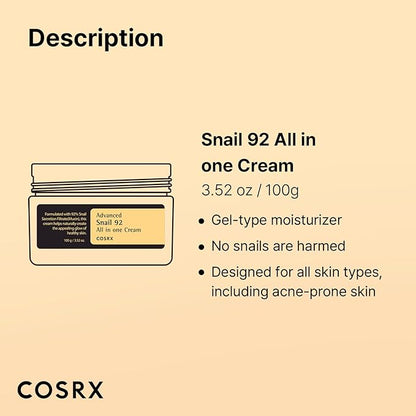 COSRX Snail Mucin 92% Face Moisturizer, 3.52 Oz, Lightweight Moisturing Cream for Soft, Glowy Skin, Korean Skin Care, Korean Moisturizer Face Cream