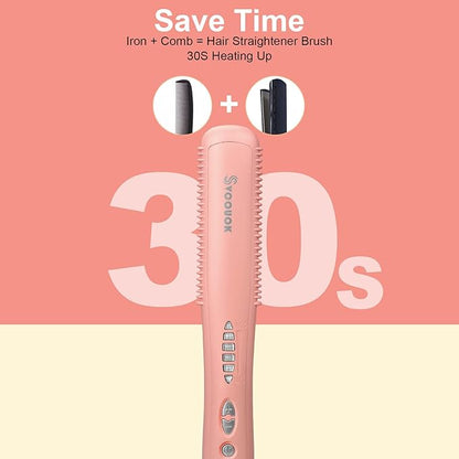 Hair Straightener Comb - Ceramic Hot Comb Hair Straightener Electric Straightening Comb for Black Hair 6 Temperature Settings, 20 Mins Auto-Off Safe & Salon Styling (Pink)