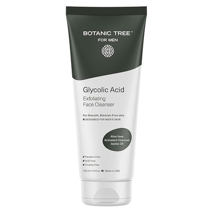 Botanic Tree Glycolic Acid Exfoliating Face Wash for Men - Facial Exfoliating Cleanser, Face Scrub - 10% Glycolic Acid with Activated Charcoal - Travel Size - 6 fl oz