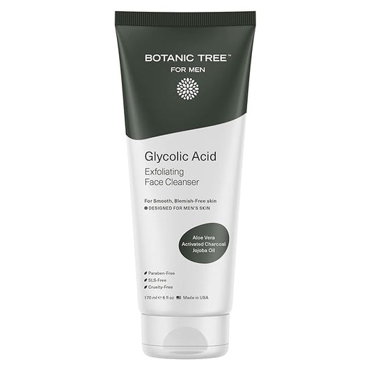Botanic Tree Glycolic Acid Exfoliating Face Wash for Men - Facial Exfoliating Cleanser, Face Scrub - 10% Glycolic Acid with Activated Charcoal - Travel Size - 6 fl oz