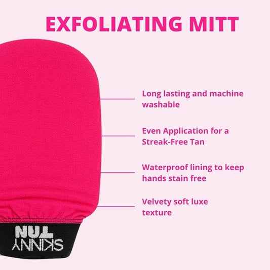 Skinny Tan, Exfoliating Glove Mitt - Dual Sided for Different Levels of Exfoliation - Vegan, Cruelty Free - Preps Skin for Self Tanner - Pink, 1 Pc