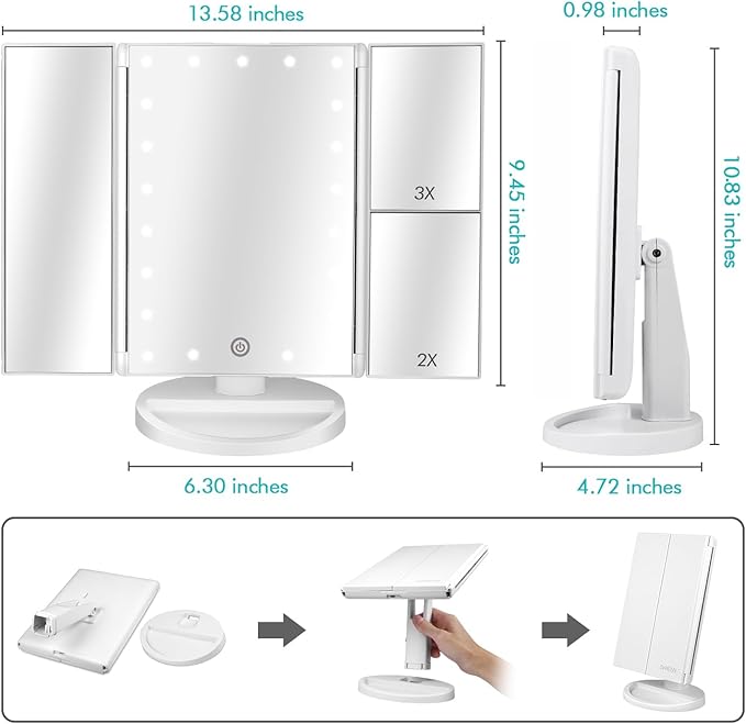 deweisn Floor Mount Tri-Fold Lighted Vanity Mirror with 21 LED Lights, Touch Screen and 3X/2X/1X Magnification, Two Power Supply Modes Make Up Mirror,Travel Mirror