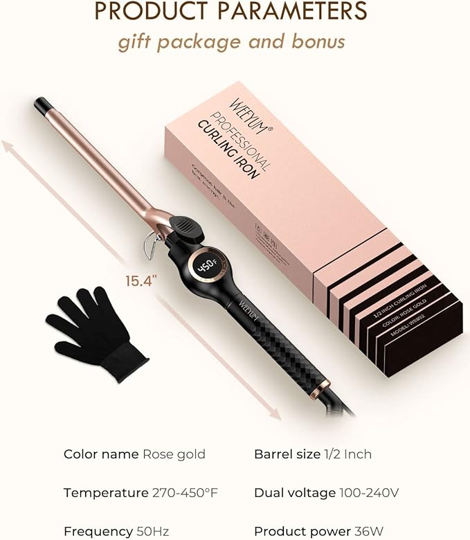 Small Curling Iron 1/2 Inch Barrel, Tiny Curling Wand for Short Hair, Ceramic Tourmaline Hair Curling Iron Double Voltage(100-240V)